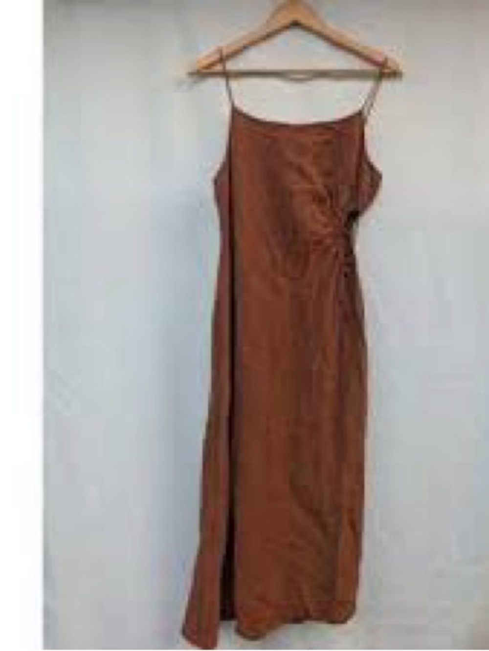 Zara Rust Brown Ruched-Side Midi Slip Dress. Linen Blend Cutout, Medium